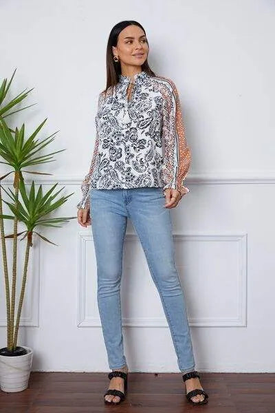 Tassel Tie Neck Printed Smocked Long Sleeve Blouse Blouses - Tophatter Daily Deals