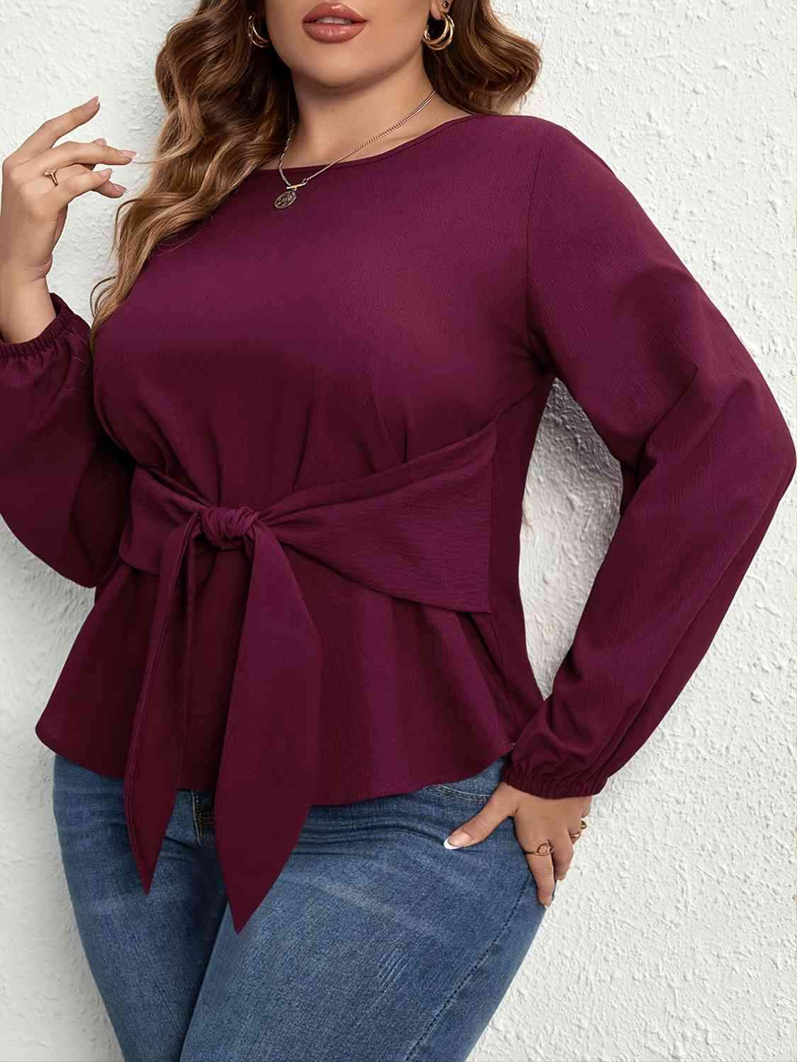 Plus Size Tie Front Long Sleeve Blouse Blouses - Tophatter Daily Deals