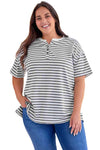 Plus Size Striped Notched Neck Short Sleeve Tee Women's T-Shirts - Tophatter Daily Deals