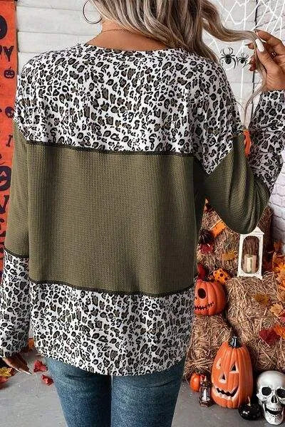 Leopard Waffle-knit Long Sleeve T-Shirt Women's T-Shirts - Tophatter Daily Deals