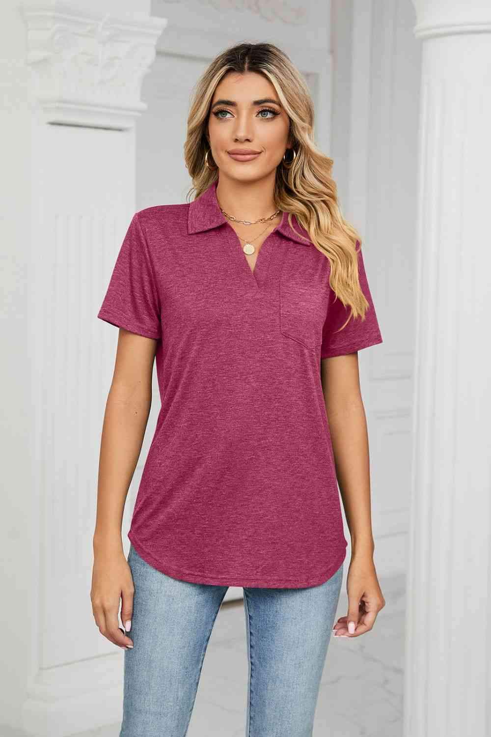 Curved Hem Johnny Collar Polo Shirt Magenta Blouses - Tophatter Daily Deals