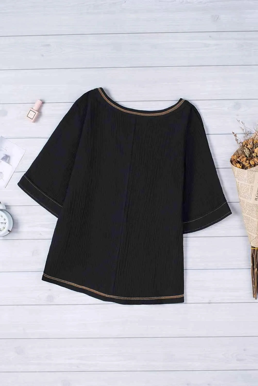 Textured V-Neck Half Sleeve Blouse Blouses - Tophatter Daily Deals