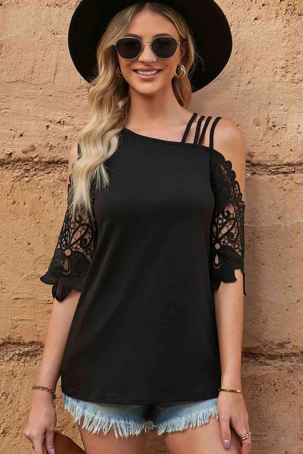 Spliced Lace Asymmetrical Neck Blouse Blouses - Tophatter Daily Deals