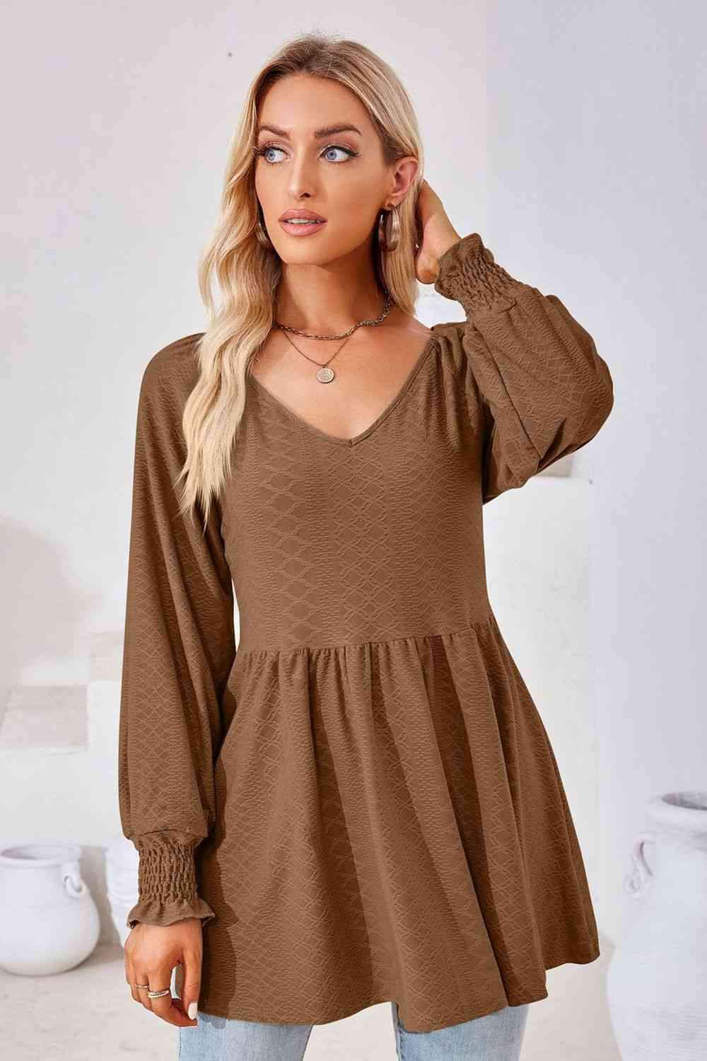 V-Neck Lantern Sleeve Blouse Blouses - Tophatter Daily Deals