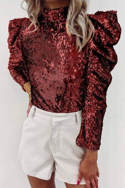 Sequin Mock Neck Leg-Of-Mutton Sleeve Top Blouses - Tophatter Daily Deals