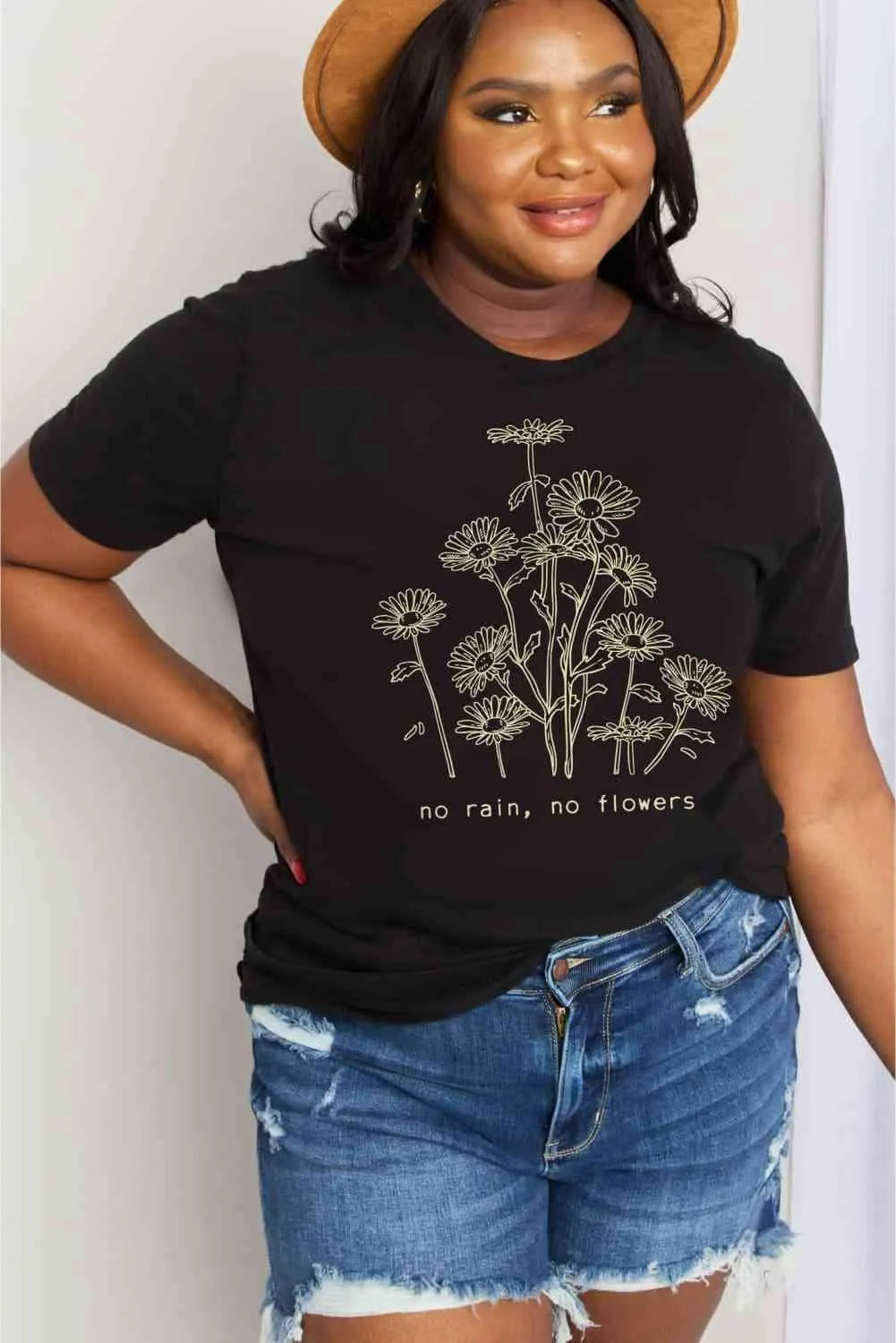 Simply Love Full Size NO RAIN NO FLOWERS Graphic Cotton Tee Women's T-Shirts - Tophatter Daily Deals