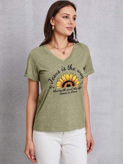 Sunflower V-Neck Short Sleeve T-Shirt Sage Women's T-Shirts - Tophatter Daily Deals