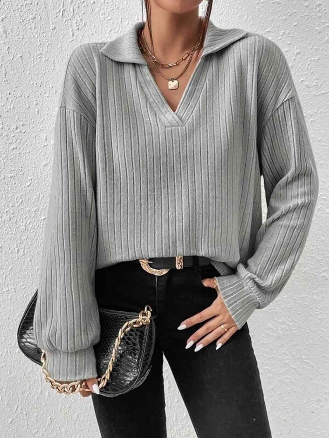 Johnny Collar Ribbed Top Heather Gray Blouses - Tophatter Daily Deals