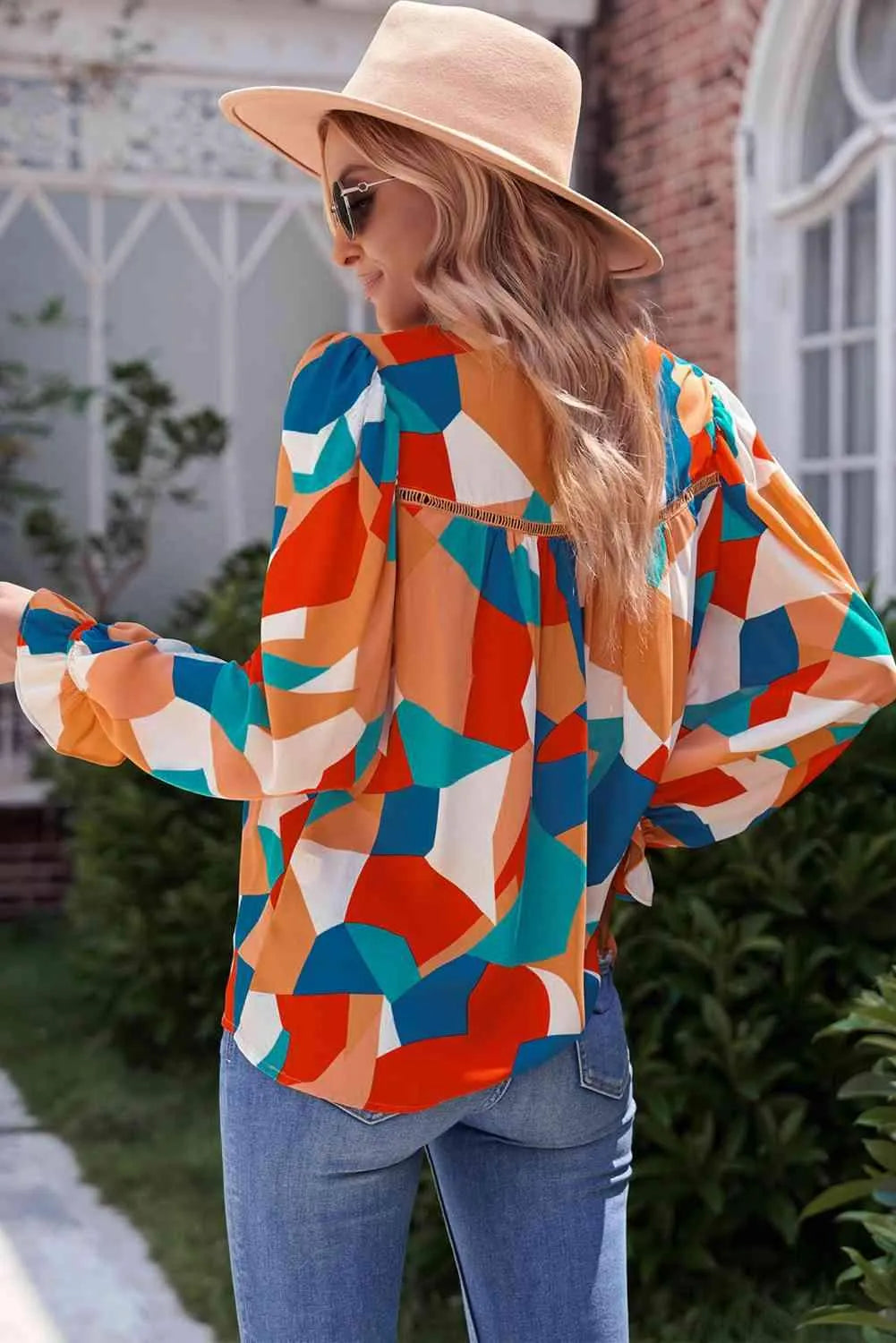 Abstract Pattern Crewneck Ruffled Puff Sleeve Blouse Blouses - Tophatter Daily Deals