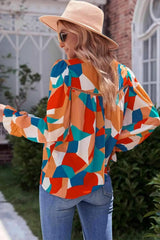 Abstract Pattern Crewneck Ruffled Puff Sleeve Blouse Blouses - Tophatter Daily Deals