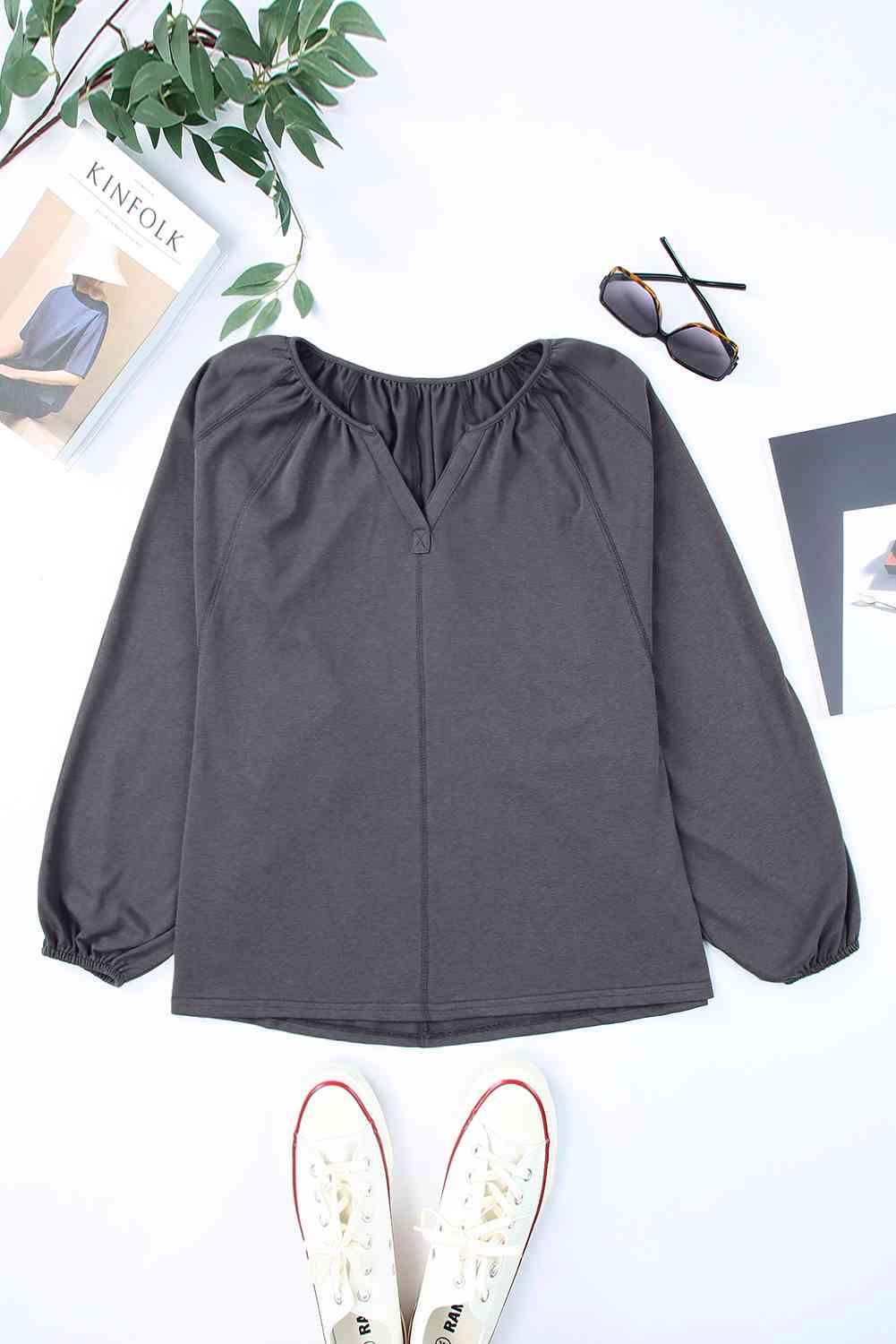 Notched Neck Balloon Sleeve Blouse Dark Gray Blouses - Tophatter Daily Deals