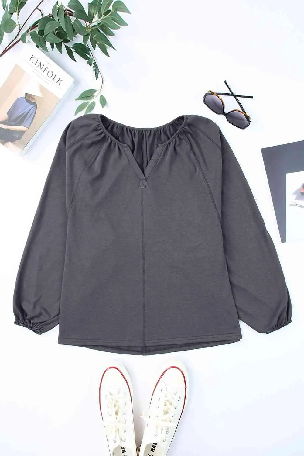 Notched Neck Balloon Sleeve Blouse Dark Gray Blouses - Tophatter Daily Deals