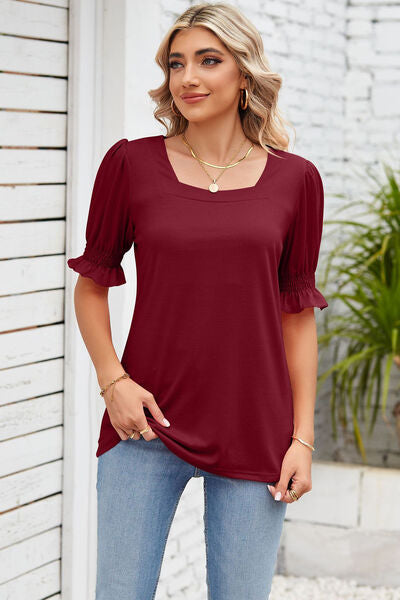 Smocked Square Neck Short Sleeve T-Shirt Women's T-Shirts - Tophatter Daily Deals