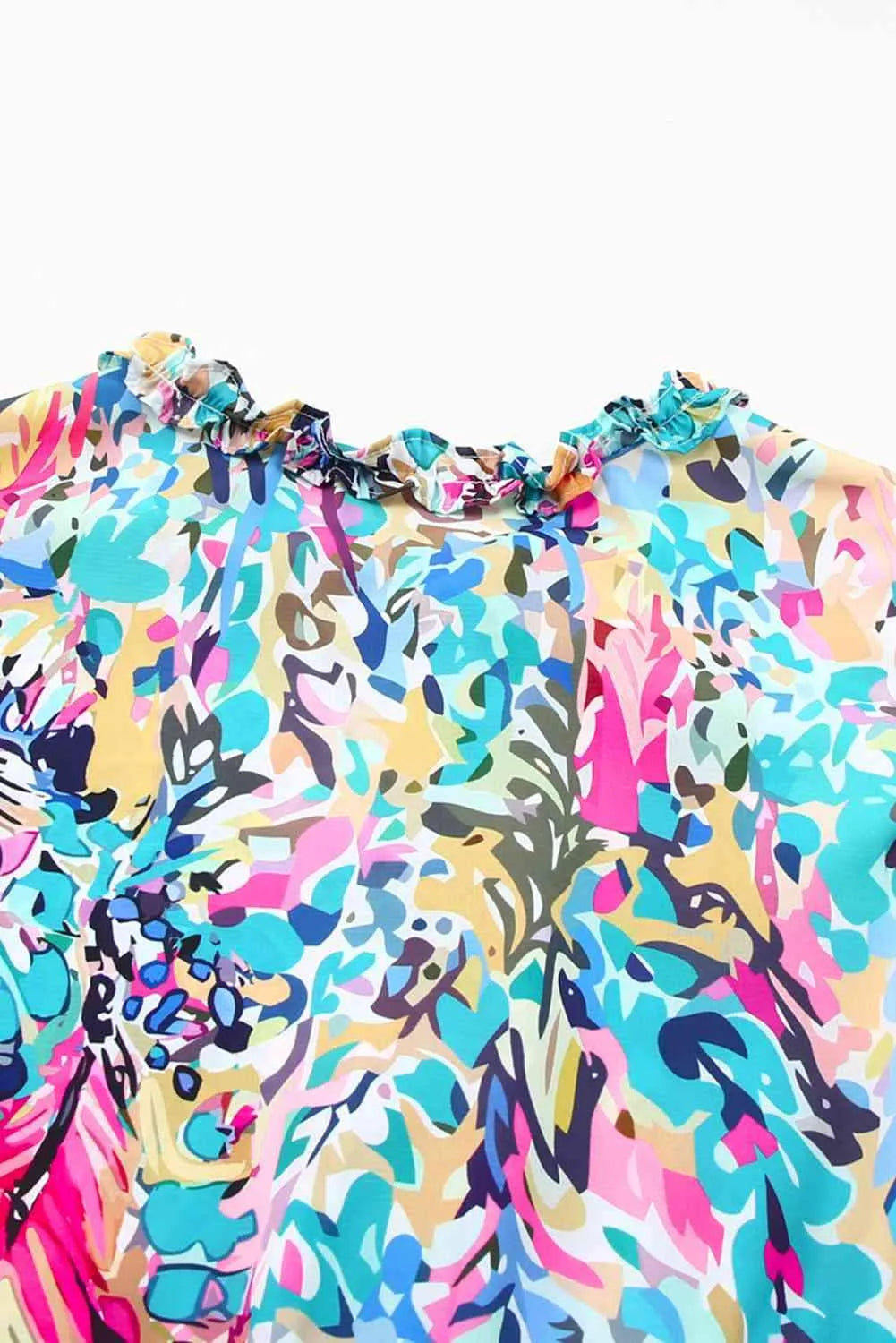 Printed Tie Neck Butterfly Sleeve Babydoll Top Blouses - Tophatter Daily Deals