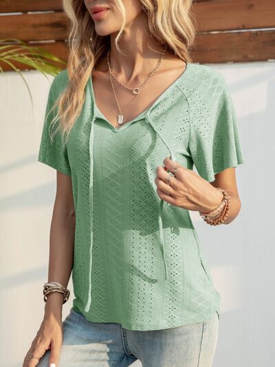 Eyelet Tie Neck Short Sleeve T-Shirt Women's T-Shirts - Tophatter Daily Deals