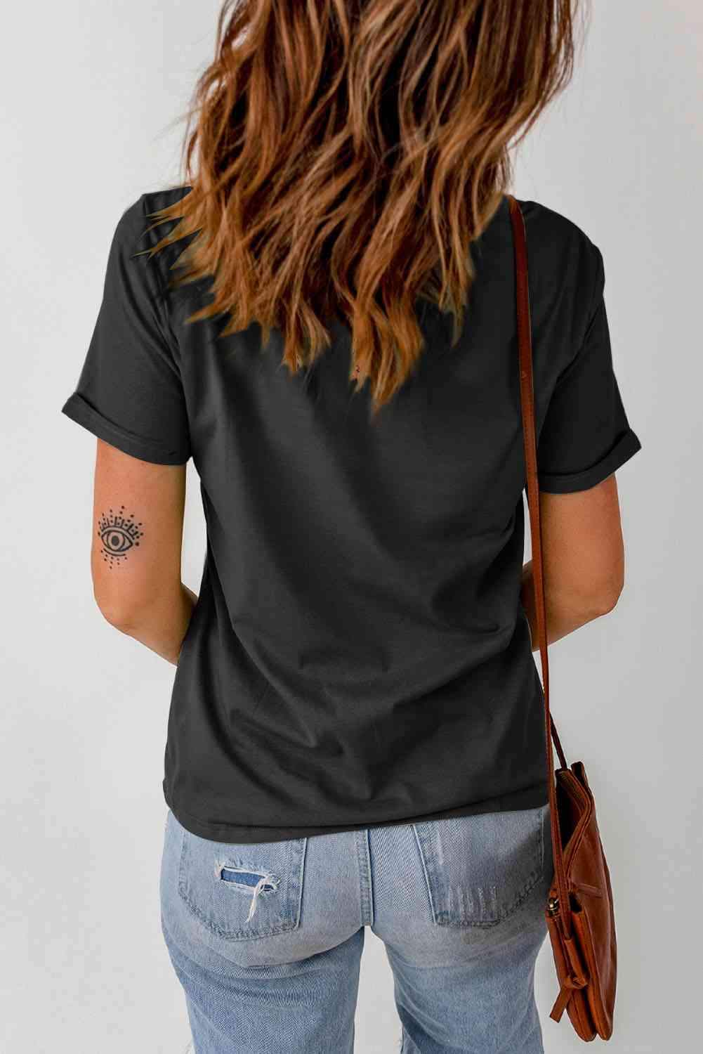 AMERICA Embroidered Round Neck Cuffed Tee Shirt Women's T-Shirts - Tophatter Daily Deals