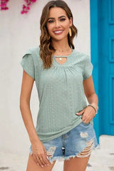 Eyelet Round Neck Short Sleeve T-Shirt Women's T-Shirts - Tophatter Daily Deals
