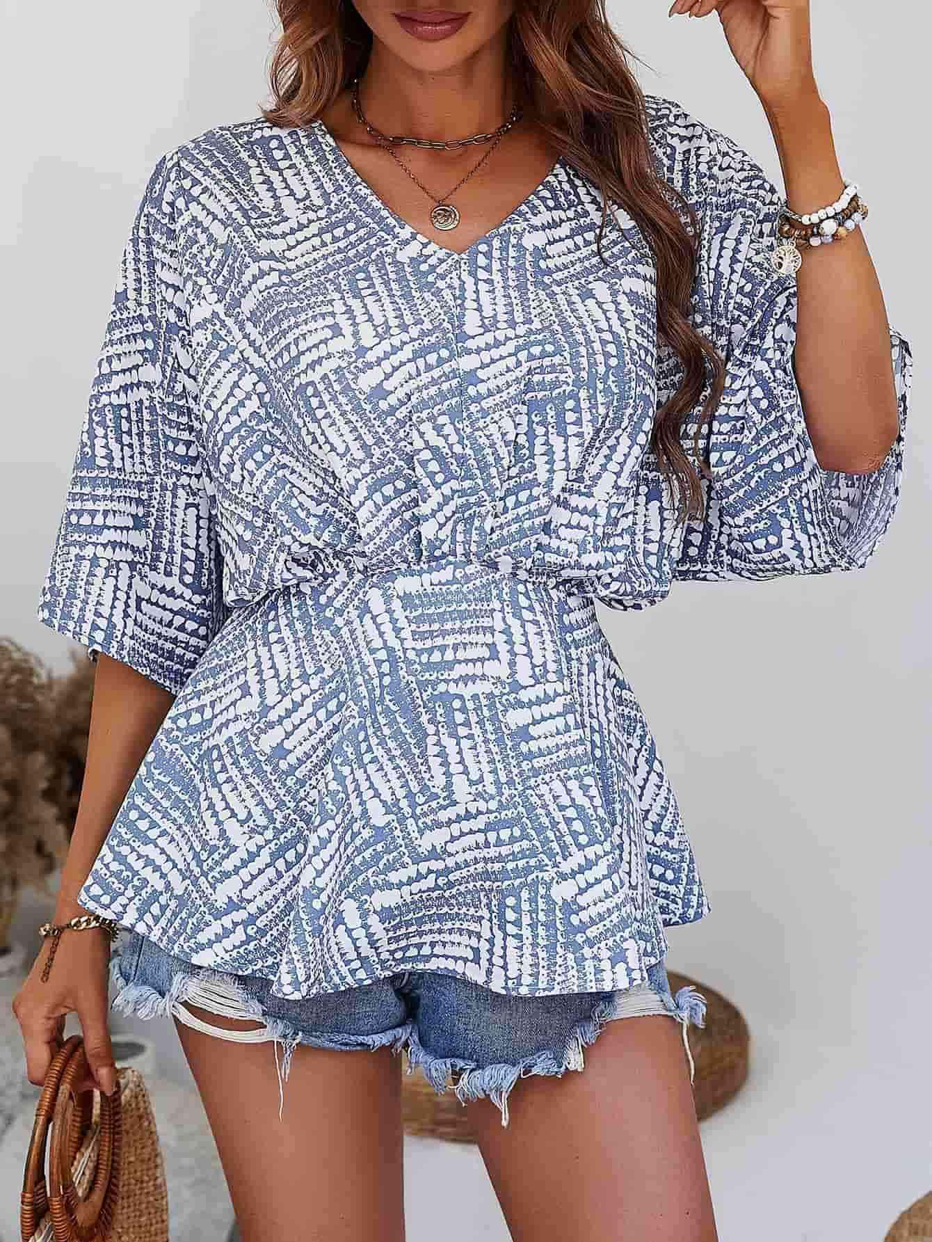 Printed V-Neck Dolman Sleeve Blouse Misty Blue Blouses - Tophatter Daily Deals