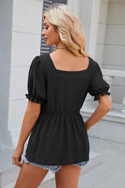 Eyelet Square Neck Short Sleeve T-Shirt Women's T-Shirts - Tophatter Daily Deals