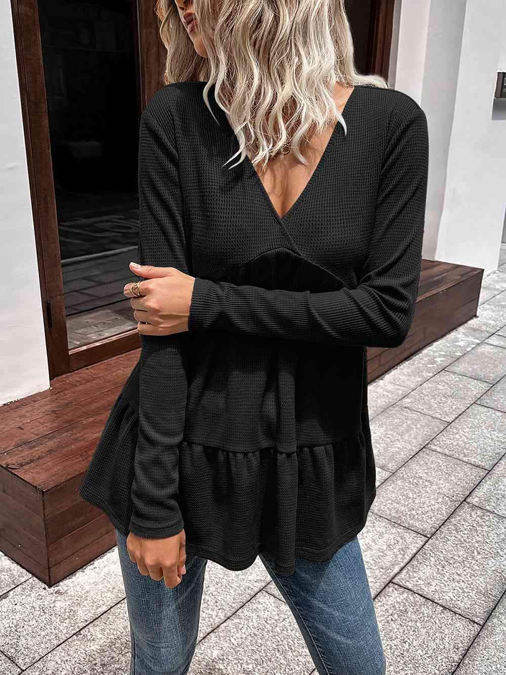 Waffle-Knit V-Neck Long Sleeve Blouse Black Blouses - Tophatter Daily Deals