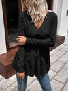 Waffle-Knit V-Neck Long Sleeve Blouse Black Blouses - Tophatter Daily Deals