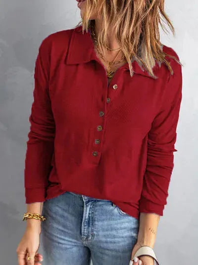 Collared Neck Half Button Top Deep Red Blouses - Tophatter Daily Deals