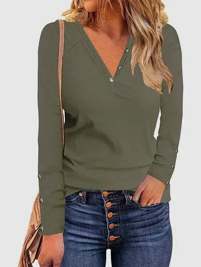 Decorative Button V-Neck Long Sleeve T-Shirt Moss Women's T-Shirts - Tophatter Daily Deals