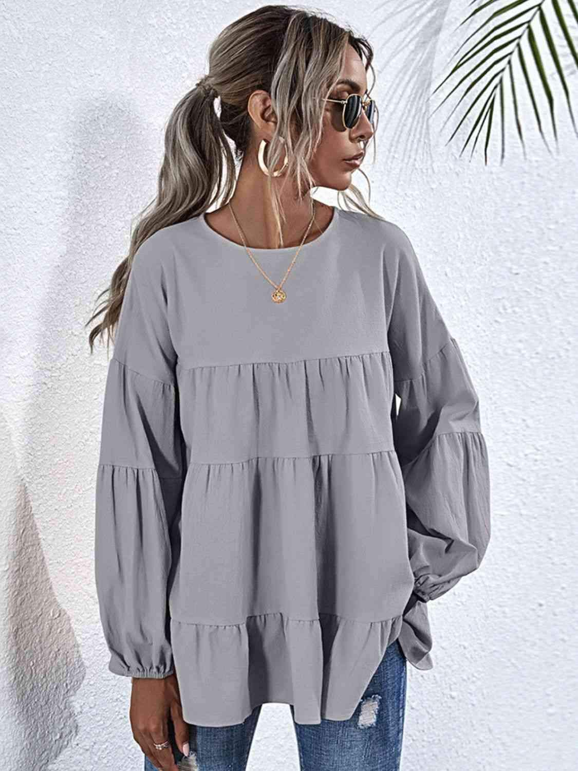 Round Neck Dropped Shoulder Tiered Blouse Light Gray Blouses - Tophatter Daily Deals