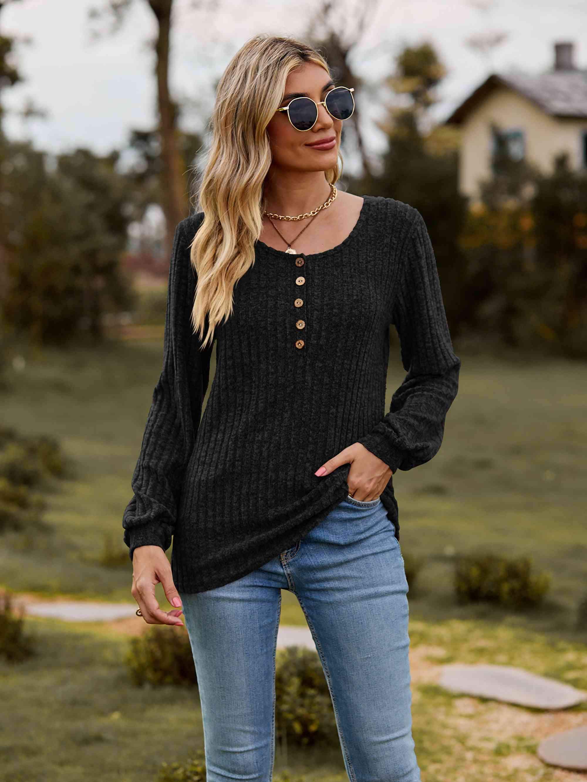 Round Neck Button-Down Long Sleeve Tee Black Women's T-Shirts - Tophatter Daily Deals