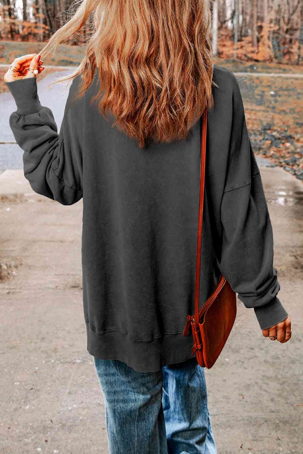 Dropped Shoulder Round Neck Long Sleeve Blouse - Tophatter Deals