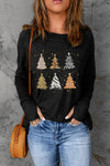 Christmas Tree Graphic Round Neck Long Sleeve T-Shirt Black Women's T-Shirts - Tophatter Daily Deals