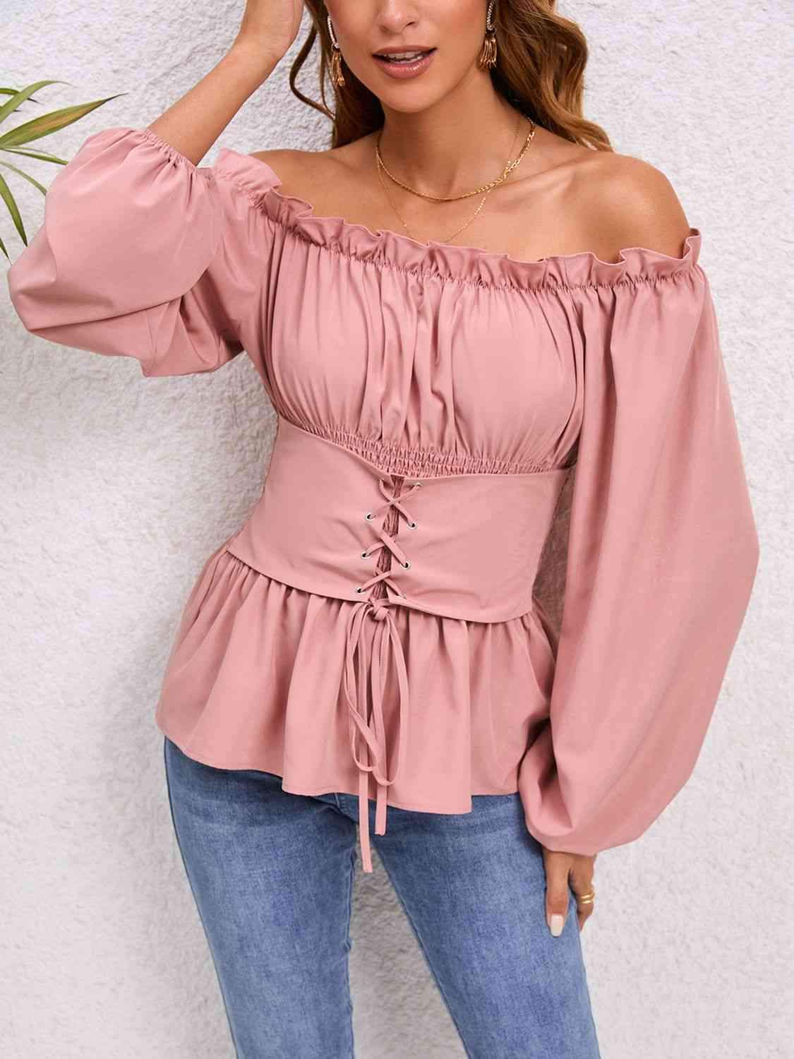 Lace-Up Balloon Sleeve Off-Shoulder Blouse Blouses - Tophatter Daily Deals