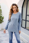 Round Neck Long Sleeve Ribbed Blouse Misty Blue Blouses - Tophatter Daily Deals