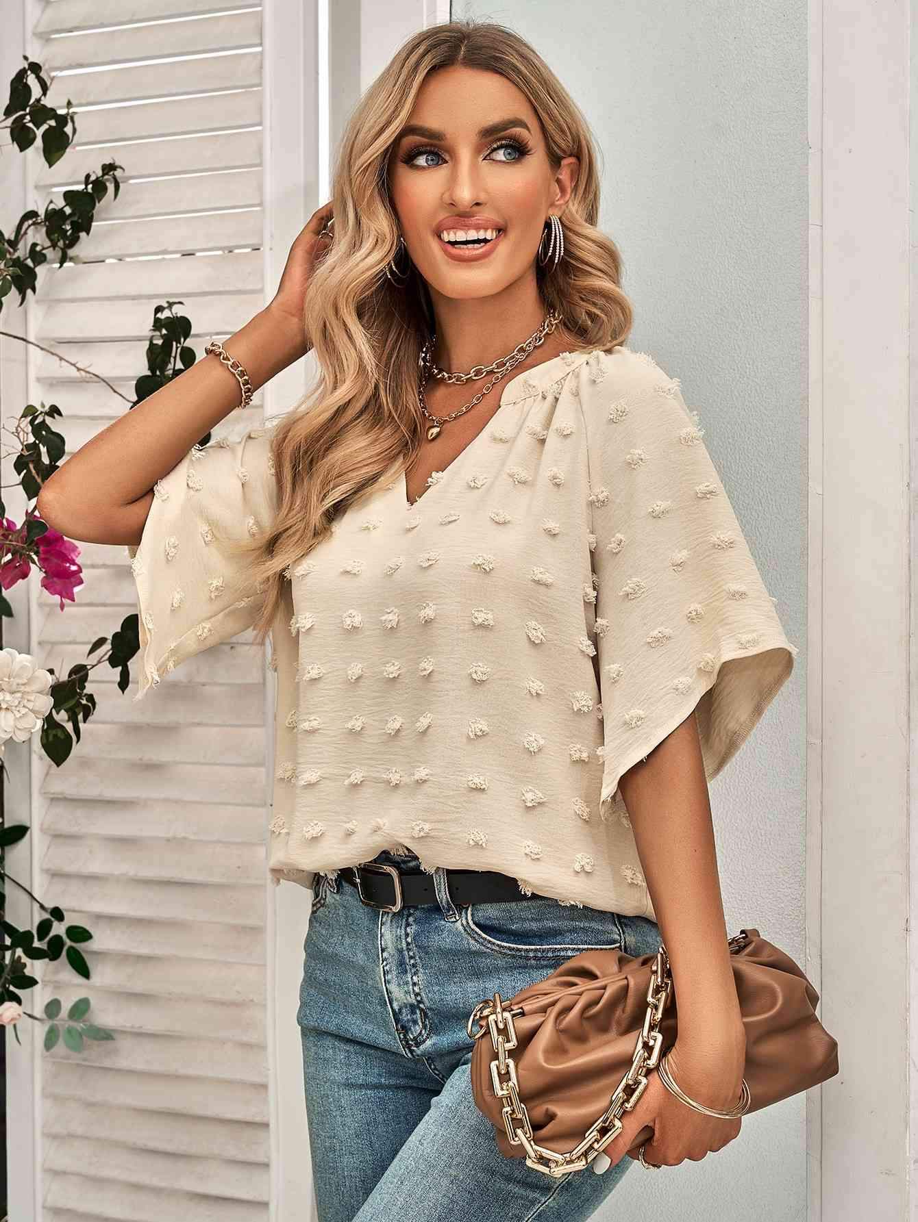 Swiss Dot Notched Neck Flare Sleeve Blouse Blouses - Tophatter Daily Deals