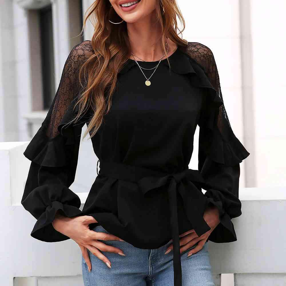 Round Neck Front Tie Flounce Sleeve Lace Cap Blouse Blouses - Tophatter Daily Deals