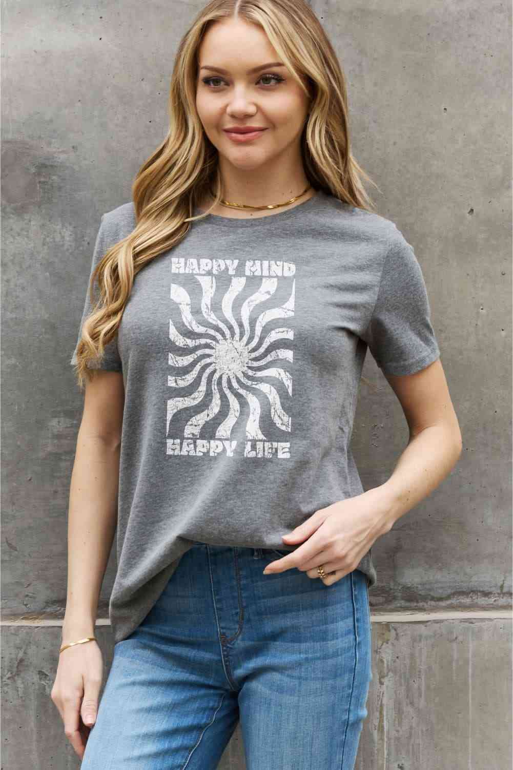 Simply Love Full Size HAPPY MIND HAPPY LIFE Graphic Cotton Tee Charcoal Women's T-Shirts - Tophatter Daily Deals