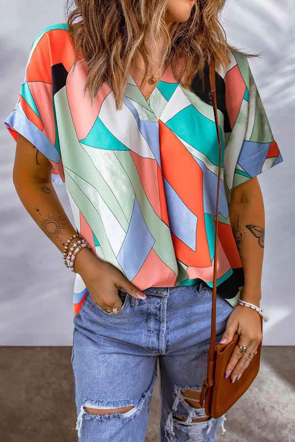 Printed V-Neck Short Sleeve Blouse Multicolor Blouses - Tophatter Daily Deals