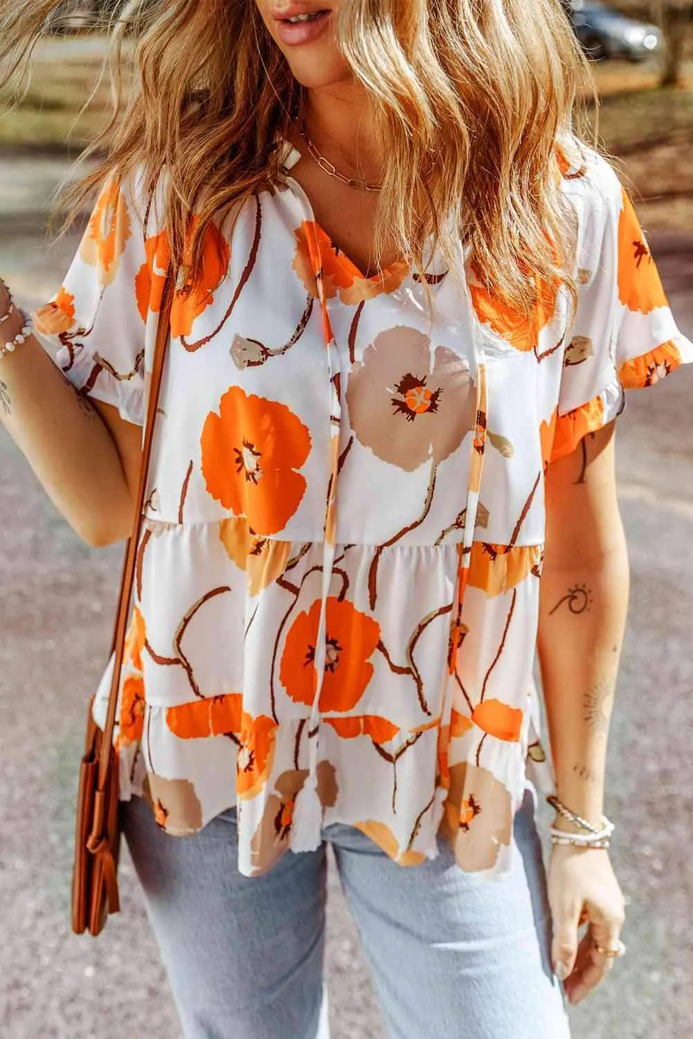 Printed Flounce Sleeve Tie-Neck Peplum Blouse Blouses - Tophatter Daily Deals