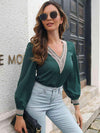 Contrast V-Neck Puff Sleeve Blouse Blouses - Tophatter Daily Deals