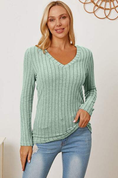 Basic Bae Full Size Ribbed V-Neck Long Sleeve T-Shirt Women's T-Shirts - Tophatter Daily Deals