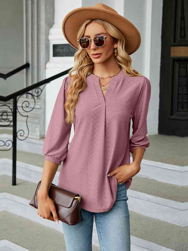 Notched Neck Three-Quarter Sleeve Blouse Women's T-Shirts - Tophatter Daily Deals