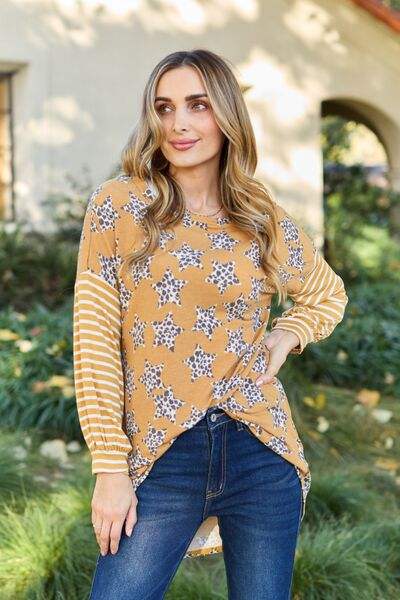 Celeste Design Full Size Leopard Star Striped Long Sleeve Top Mustard Blouses - Tophatter Daily Deals