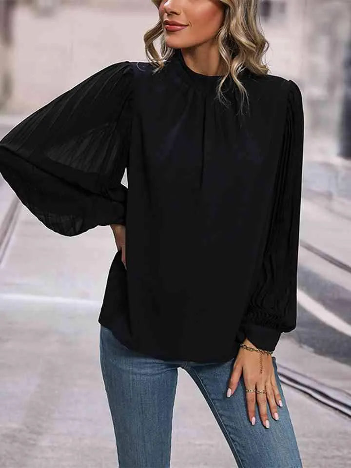 Round Neck Puff Sleeve Blouse Blouses - Tophatter Daily Deals