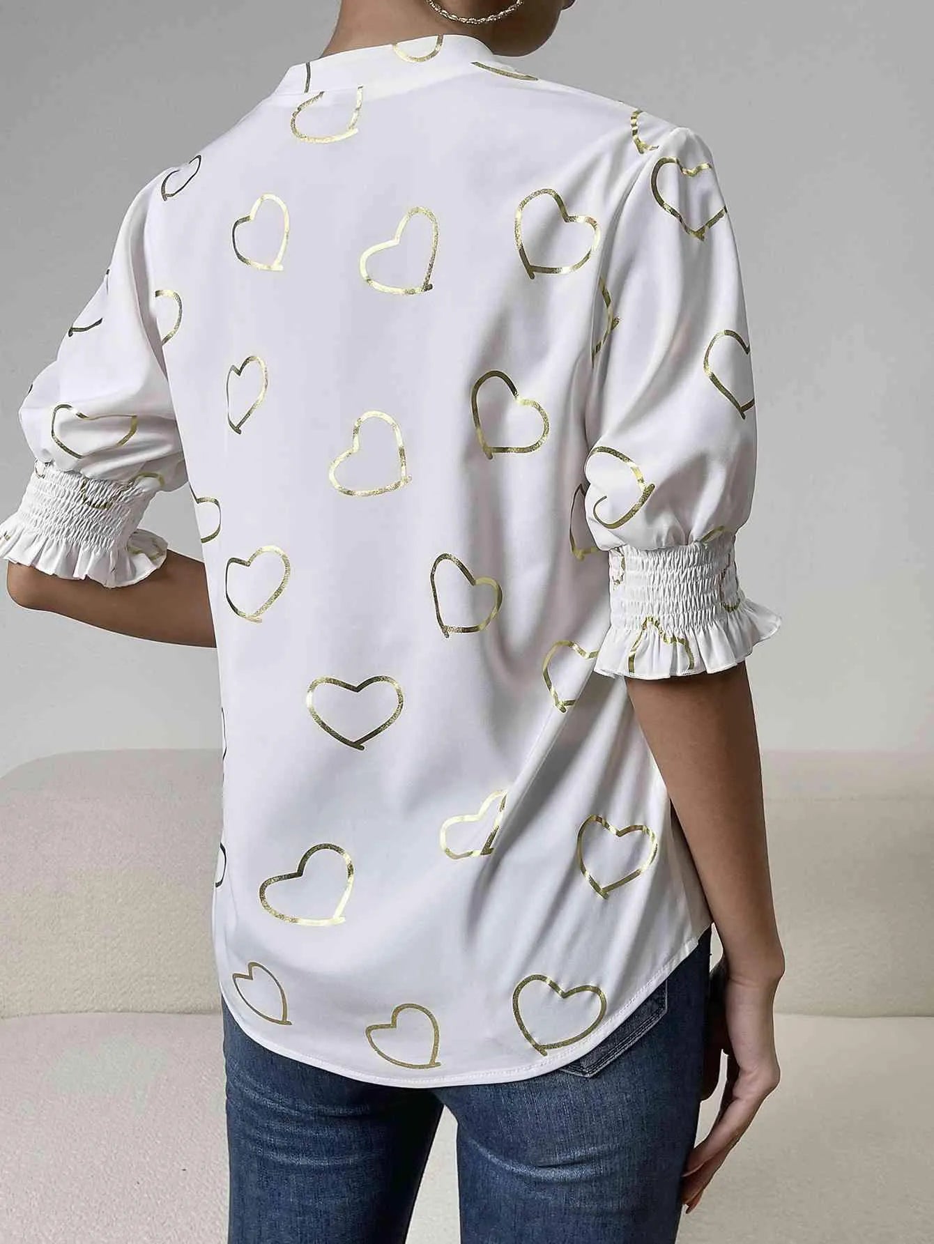 Heart Print Notched Neck Half Sleeve Blouse Blouses - Tophatter Daily Deals