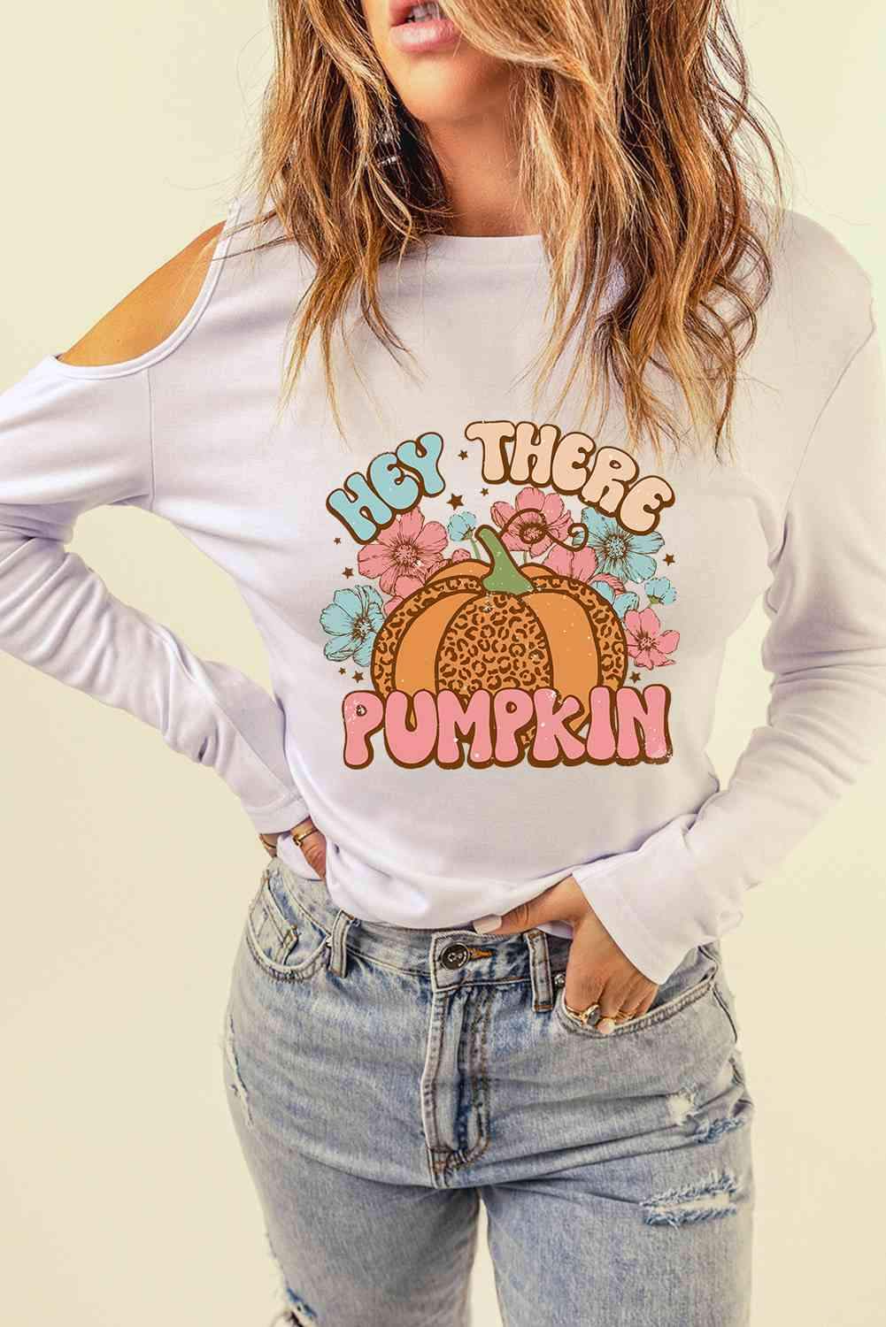 Asymmetrical HEY THERE PUMPKIN Graphic Cold Shoulder Tee Women's T-Shirts - Tophatter Daily Deals