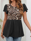 Leopard Round Neck Flutter Sleeve Babydoll Blouse Black Blouses - Tophatter Daily Deals