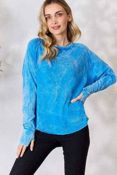 Zenana Round Neck Long Sleeve Top Ocean Blue Blouses - Tophatter Daily Deals