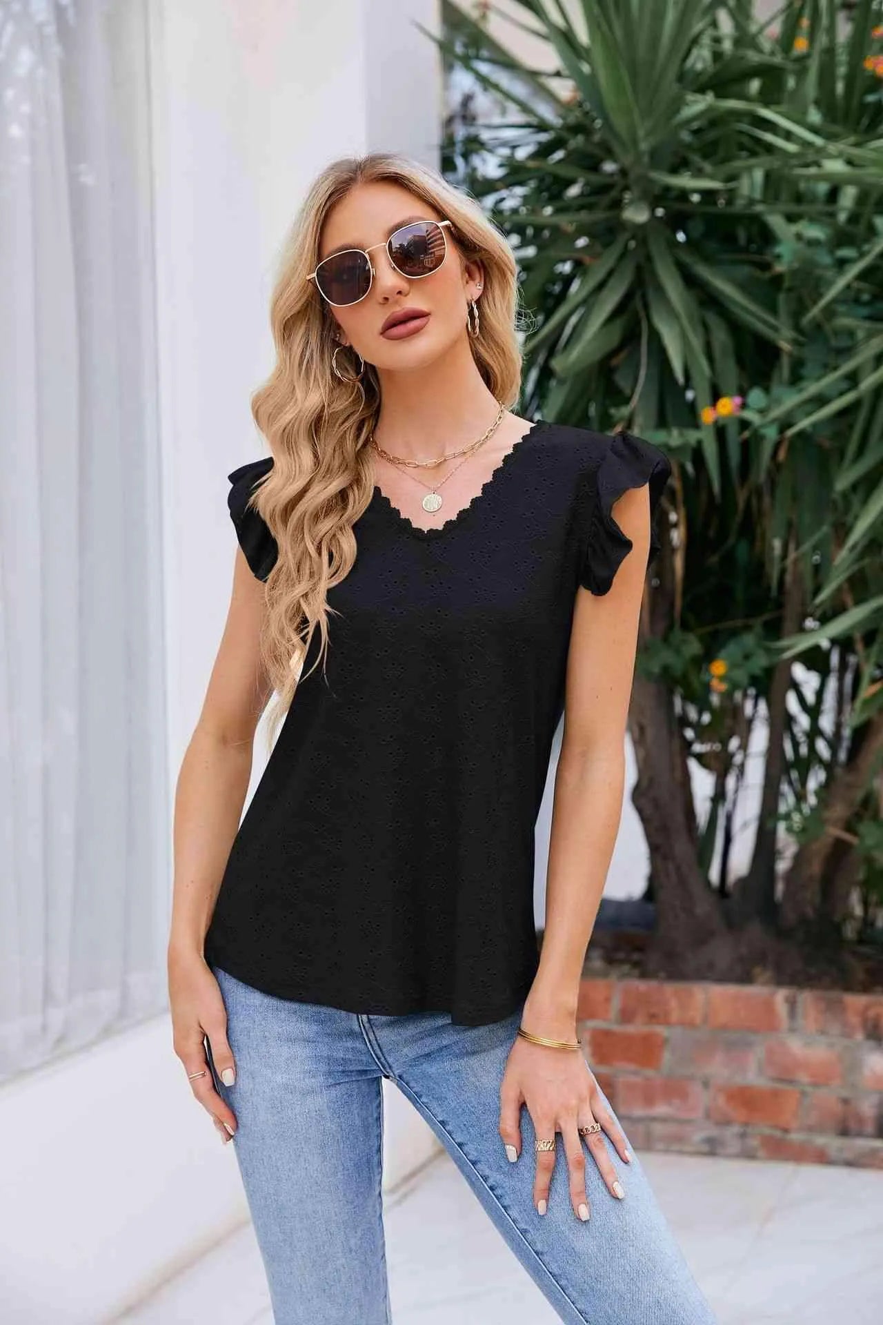 V-Neck Flutter Sleeve Eyelet Top Blouses - Tophatter Daily Deals