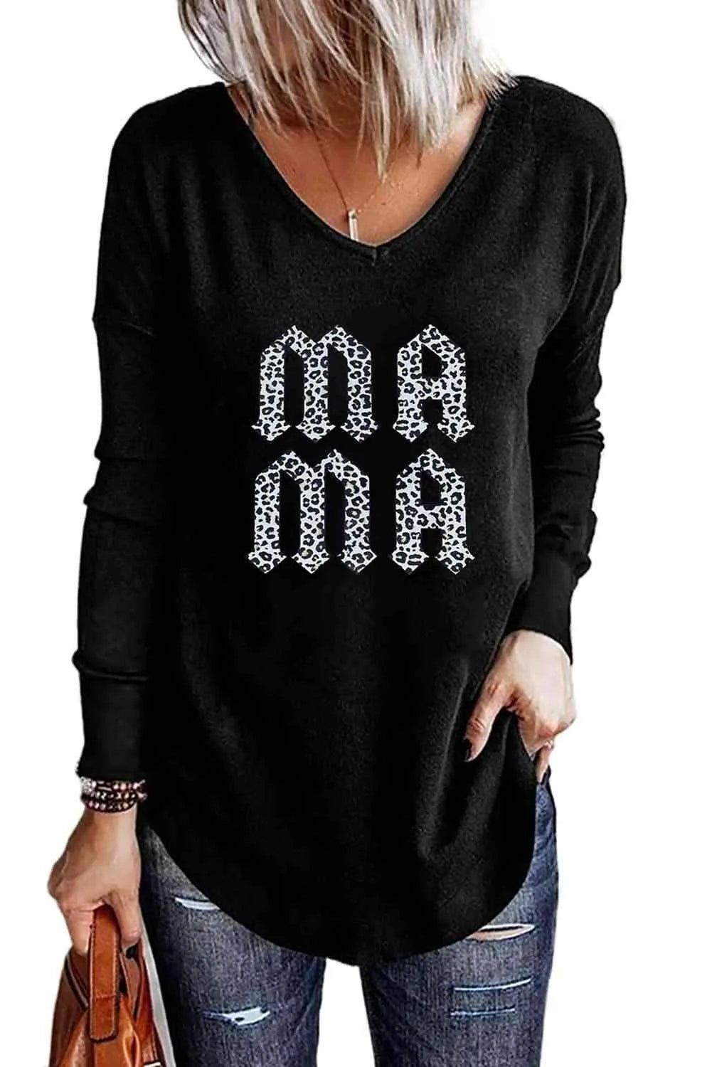 Leopard MAMA Graphic V-Neck Long Sleeve Top Blouses - Tophatter Daily Deals