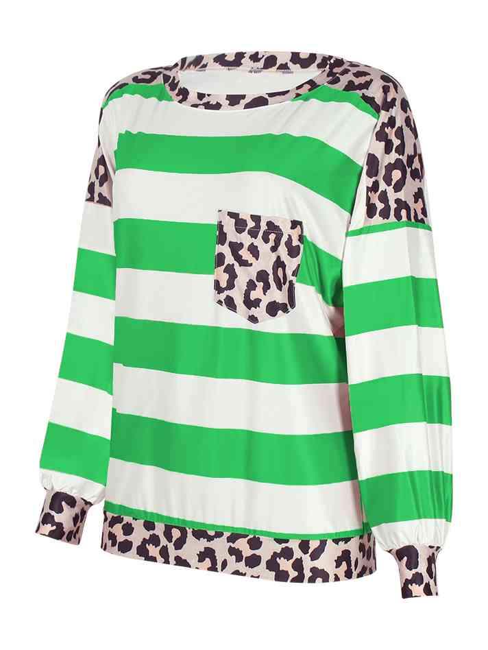 Striped Leopard Long Sleeves Top Mid Green Women's T-Shirts - Tophatter Daily Deals